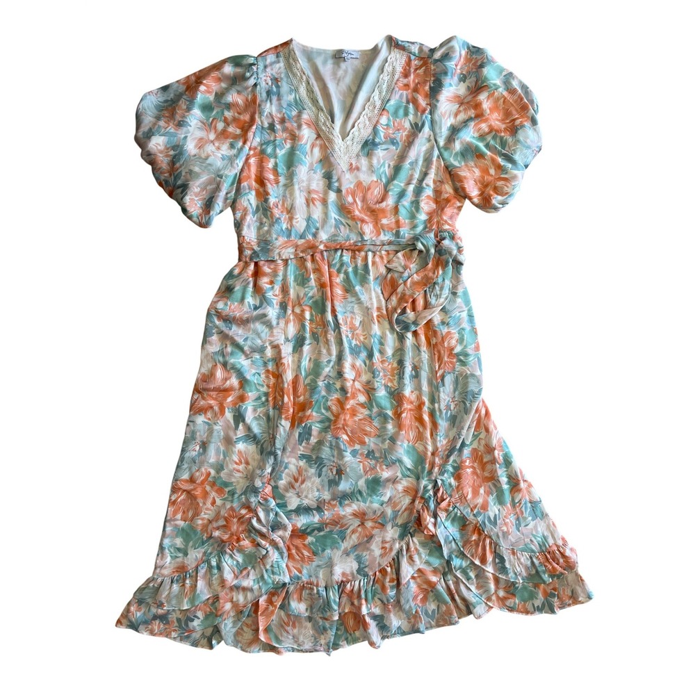 Polagram Floral V-Neck Maxi Dress 3XL‎ Peach Green Crochet Trim Garden Whimsy